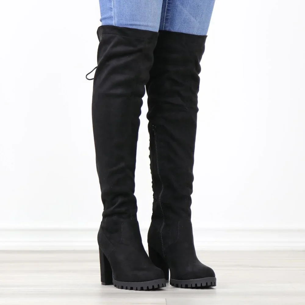 Full Lace-Up Back Black Faux Suede Thigh High Over The Knee Lug Block Heel Boots